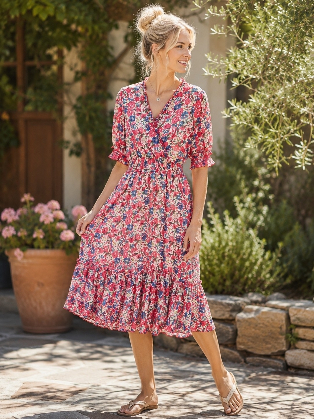 Ryan Michelle Floral Smocked Midi Dress Size Large Pink Blue Cottagecore
